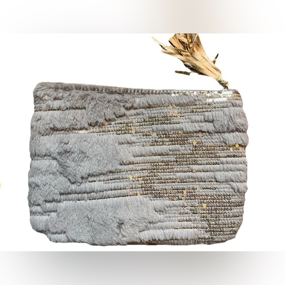 Stephanie Johnson Cosmetic Bag- Geneva Silver Gray Sequin Faux Fur - Picture 2 of 4